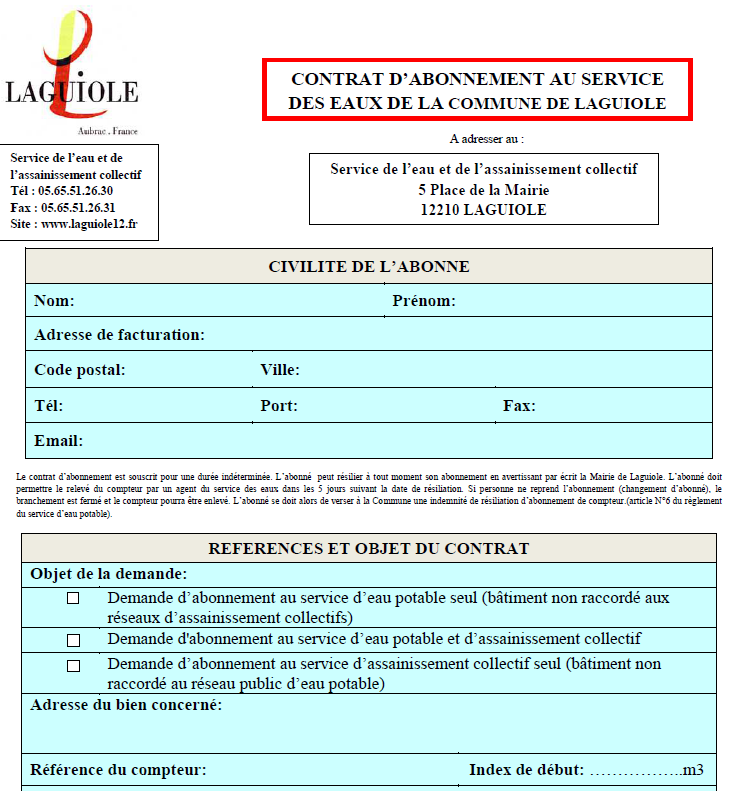 Affiche pour le Contrat d'abonnement eau