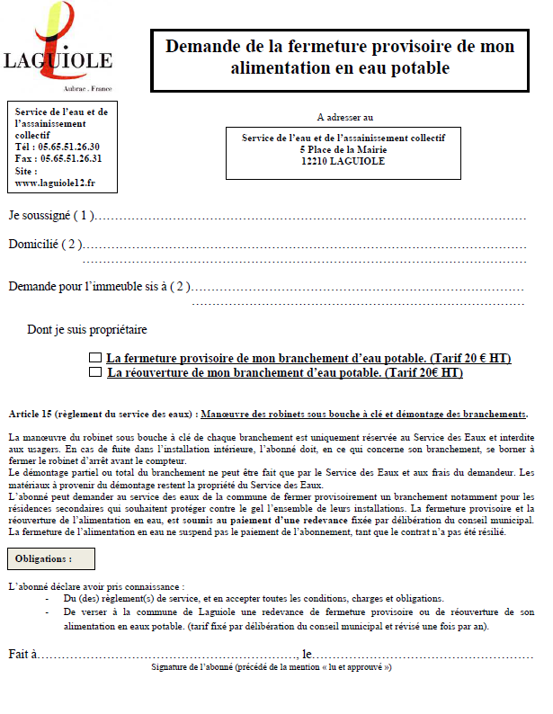 Affiche pour la Demande de fermeture provisoire de branchement d'eau potable