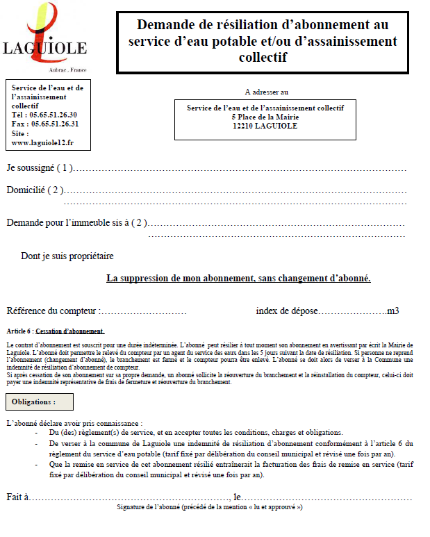 Affiche pour la Demande de résiliation d'abonnement pour l'eau potable